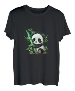 Niedlicher Kawaii-Panda, der im Wald sitzt, umarmt Bambus- T-Shirt
