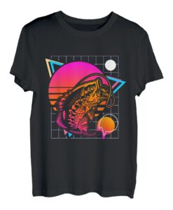 Retro Großmund-Barschfisch Synthwave Vintage Angeln T-Shirt