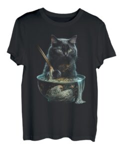 Schwarze Katze Angeln Nudeln Grafik Tees Männer Frauen Jungen Mädchen T-Shirt